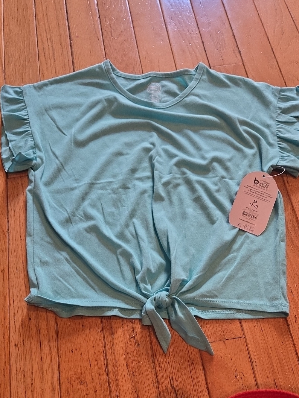 wonder nation Aqua Tie-Front Ruffle Sleeve Crop Top